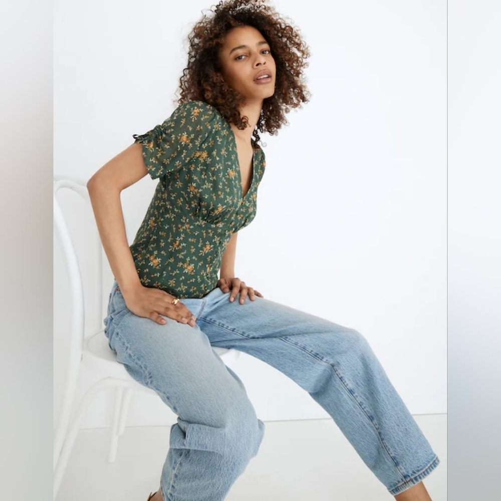 Madewell Silk Evie Tie-Sleeve Top Fresh Sprigs Green Floral Size 4 - Picture 12 of 13